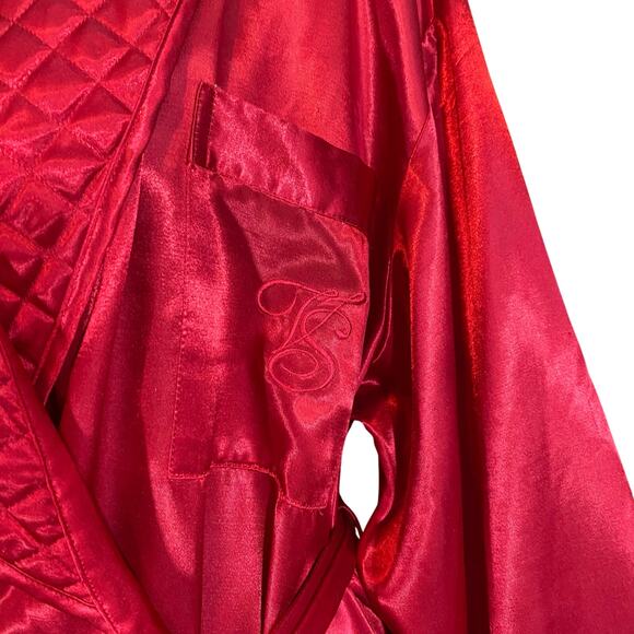 Vintage Victoria’s Secret Red Satin Quilted Robe Belted M/L Embroidered Pocket - Picture 2 of 8